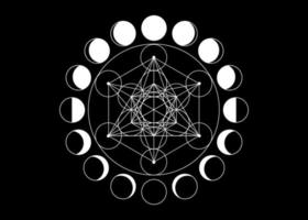 cubo di metatron, fiore della vita. geometria sacra, fasi lunari, elementi geometrici. solidi platonici icona mistica, disegno geometrico astratto, cerchi nel grano. vettore isolato su sfondo nero