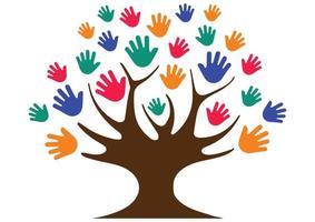 albero con impronte di mani di bambini. impronte di mani di bambini colorati. illustrazione vettoriale di albero con impronte di mani bambino isolato su sfondo bianco