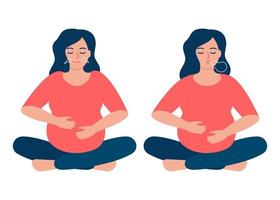 la donna incinta sta facendo esercizi di respirazione respiratoria, espira profondamente e inspira. esercizio di respirazione. yoga sano e relax, mantieni la calma. illustrazione vettoriale