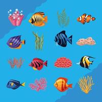 sedici icone subacquee di vita marina vettore