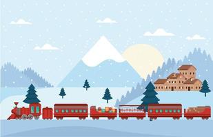 scena del treno rosso di natale vettore