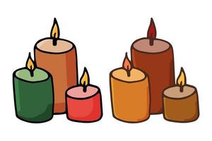 set di icone luminose candele di Natale multicolore. casa accogliente, hygge, vacanza. illustrazione vettoriale disegnato a mano in stile doodle isolato su sfondo bianco.