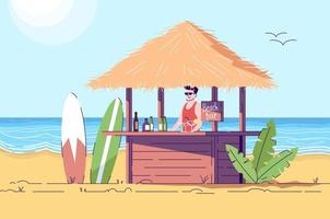 illustrazione di doodle piatto bar sulla spiaggia. barista al bancone. scenario di mare. barman nel caffè all'aperto in riva al mare. paese tropicale. Indonesia turismo personaggio dei cartoni animati 2D con contorno per uso commerciale vettore