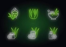 set di icone di luce al neon di aloe vera. maschera idratante per il viso. trattamento Spa. erbe medicinali per dermatologia e cosmetologia. insegne con effetto luminoso esterno. illustrazioni a colori rgb isolate vettoriali