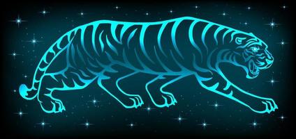 neon tiger 2022. simbolo del nuovo anno secondo il calendario orientale. predatore selvaggio luminoso su uno sfondo scuro. per cartoline, calendari per natale. vettore. vettore