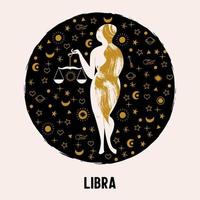 Libra. una donna nuda tiene in mano una bilancia. illustrazione vettoriale. vettore