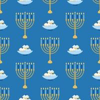 Reticolo senza giunte di hanukkah. vari oggetti della festa ebraica delle luci in stile piatto vettore