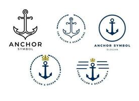 ancora, corda e corona per il design del logo della barca della nave marina vettore