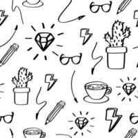 doodle idea linea frecce, occhiali, cactus, tazza, tempo del caffè, cerniera, diamante, matita disegnata a mano. schizzo set carino modello isolato senza soluzione di continuità per l'ufficio. vettore