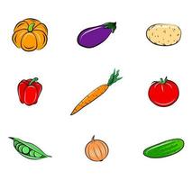 set di icone di verdure isolato su bianco adesivi di cartone animato con disegno grafico di contorno cibo ecologico fresco vettore
