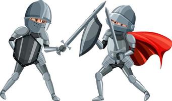 due cavalieri medievali che combattono su sfondo bianco vettore
