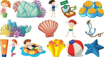 set di oggetti da spiaggia estivi e personaggi dei cartoni animati vettore