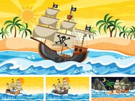 quattro diverse scene di spiaggia con nave pirata