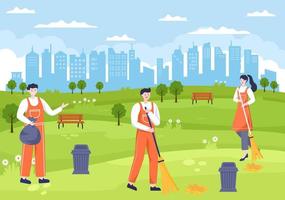 illustrazione di design piatto servizio di pulizia. persone che spazzano e puliscono in strada dalle foglie con la scopa per sfondo, banner o poster vettore