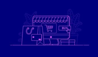 illustrazione isolata per la vendita di cyber lunedì. linee piatte rosa su sfondo blu. modello vettoriale in stile schizzo grafico di contorno per banner sconto, shopping online, sito, app mobile, negozio, negozio, annuncio