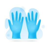 illustrazione vettoriale di guanti in lattice blu su sfondo di forme astratte e virus. Modello 3d di protezione medica e chirurgica personale contro i batteri. mezzi di protezione e prevenzione individuale