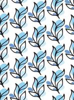 modello senza cuciture con inchiostro nero foglie floreali scarabocchi disegnati a mano e forme rotonde astratte in blu su bianco. sfondo classico, ornamento di stampa tessile, elemento vettoriale di design della moda.