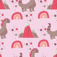 modello senza cuciture rosa infantile con dinosauro, montagne, arcobaleno e illustrazione stars.vector in stile piatto per tessuti per bambini con dinosauro carino. vettore