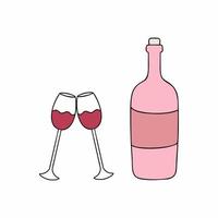 una bottiglia di vino e due bicchieri di vino. illustrazione vettoriale per San Valentino.