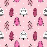 senza cuciture rosa con simpatici alberi di Natale. alberi nello stile del doodle. sfondo per la stampa su tessuto, carta da parati, carta da imballaggio. vettore