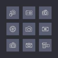 macchina fotografica, icone della linea di fotografia, dslr, apertura, set di icone quadrate della fotocamera reflex, illustrazione vettoriale