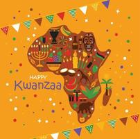 carta vettoriale di celebrazione felice kwanzaa. simboli di vacanza afroamericani su sfondo giallo nella mappa africana.