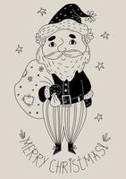 cartolina di buon natale. simpatico babbo natale con sacchetto di regali e stelle. illustrazione vettoriale verticale. disegno a mano lineare del personaggio, contorno per il design e l'arredamento del nuovo anno,