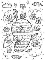 libro da colorare per bambini. illustrazione vettoriale di doodle disegnato a mano con numeri e animali. nove api volano con foglie e fiori.