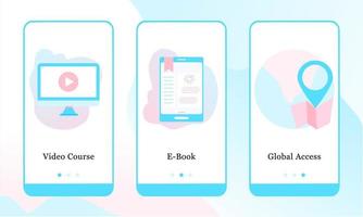modello di progettazione di applicazioni mobili impostato per corso video, e-book e corso globale. ui sul concetto di design degli schermi di imbarco. Corso online isometrico 3d in moderne illustrazioni vettoriali per l'interfaccia utente.