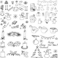 scarabocchio disegnato a mano dell'insieme di natale. minimalismo. collezione invernale, candele, decorazioni, pupazzo di neve, vestiti per bevande calde vettore