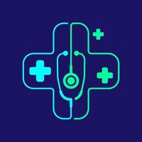 stetoscopio con logo in cornice a croce con icona a forma di croce, medico cura concetto di design illustrazione blu, colore verde isolato su sfondo blu scuro vettore