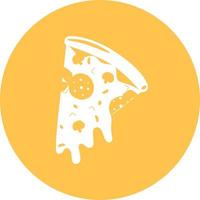 fetta di pizza nell'icona del cerchio. fetta di pizza al pepe con formaggio fuso, funghi, salsiccia, icona di peperoni. illustrazione vettoriale di pizza. decorazione per biglietti di auguri, poster, patch, stampe.