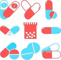 pillole mediche icone impostate su sfondo bianco, blu e rosso. medicina, farmacia, set ospedaliero di farmaci. farmaco, concetto farmaceutico. illustrazione vettoriale. farmaci icone piane pillole, capsule. vettore