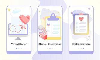 set di progettazione dell'applicazione per medico virtuale, prescrizione medica e assicurazione sanitaria. progettazione degli schermi di onboarding dell'interfaccia utente. sito Web modello di app per dispositivi mobili. moderne illustrazioni vettoriali per l'interfaccia utente.