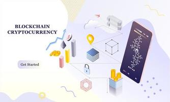 sfondo isometrico moderno design piatto di blockchain e criptovaluta per banner e sito web. modello di pagina di destinazione. transazione in contanti virtuale, concetto blockchain di criptovaluta. illustrazione vettoriale