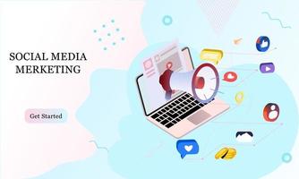 pagina di destinazione isometrica 3d del social media marketing. comunicazione nei social network. immagine di telefono cellulare, laptop con chat, Mi piace e denaro per infografica, banner, sito Web, materiale promozionale. vettore