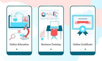 schermate di onboarding dell'app mobile. impostato per istruzione online, formazione aziendale, certificato online. modello di banner di vettore di menu per sito Web e ui progettazione di sviluppo mobile illustrazione piatta isometrica 3d.