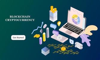 sfondo isometrico moderno design piatto di blockchain e criptovaluta per banner e sito web. modello di pagina di destinazione. transazione in contanti virtuale, concetto blockchain di criptovaluta. illustrazione vettoriale