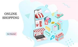 pagina di destinazione dello shopping online isometrico 3d su siti Web o applicazioni mobili concetti di e-commerce vettoriale e marketing digitale. illustrazione in stile memphis per la promozione del negozio online di banner.