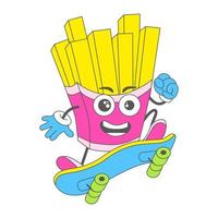 vettore, cartone animato, carattere, illustrazione, di, fast food, patate, su, uno, skateboard vettore