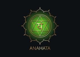 anahata quarto chakra con il mantra seme sanscrito indù vam. il verde è un simbolo di stile di design piatto per la meditazione, lo yoga. vettore del modello di logo dell'oro isolato su sfondo nero