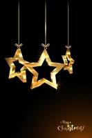 palle di natale a forma di stelle 3d, striscione natalizio di lusso con stella d'oro incastonata, biglietto di auguri di buon natale e felice anno nuovo. illustrazione vettoriale di lusso dorato isolato su sfondo nero