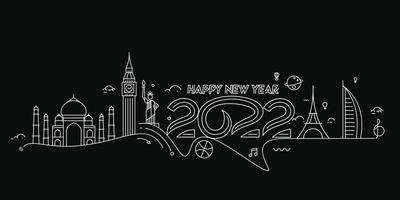 felice anno nuovo 2022 testo con picchiettio di design del mondo di viaggio, illustrazione vettoriale. vettore