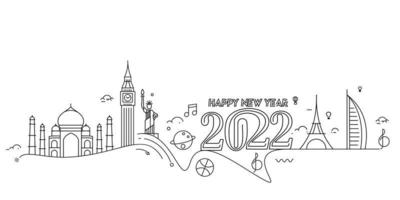 felice anno nuovo 2022 testo con picchiettio di design del mondo di viaggio, illustrazione vettoriale. vettore