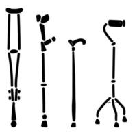 una serie di sagome di varie opzioni per bastoni e stampelle, attrezzature ausiliarie per il movimento con erbe o vecchiaia vettore