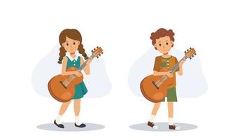 bambino che suona la chitarra, studio della musica, hobby, apprendimento della musica. Illustrazione del personaggio dei cartoni animati di vettore piatto 2d.