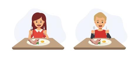 concetto di colazione. cibo, pasto, delizioso, il bambino farà colazione. illustrazione felice del personaggio dei cartoni animati di vettore 2d di enjoy.flat.