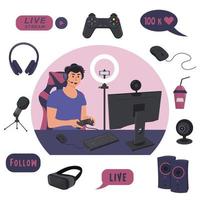 streamer che gioca a un videogioco online sul computer e registra video utilizzando la webcam e il microfono. vettore