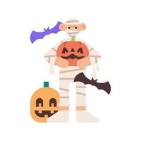 costume di halloween della mummia che tiene l'illustrazione della zucca vettore