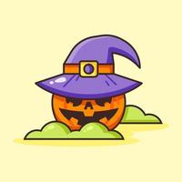 carino zucca halloween indossando cappello da strega. vettore